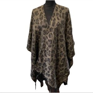WOOLRICH One Size Reversible Cozy Blanket Wrap Poncho Brown/Black Leopard/Tweed